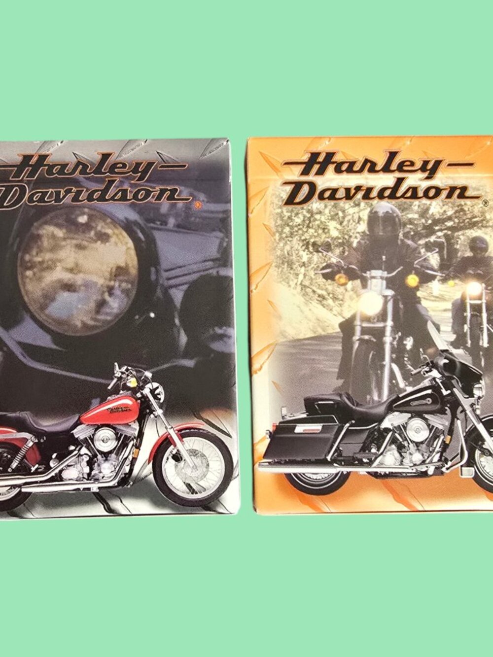 2 COMPLETE Decks Harley Davidson Playing Cards Orange and Gray Backs Dated 1999